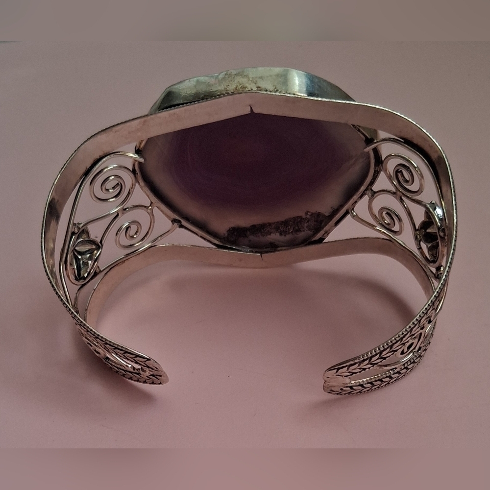 EUC HUGE Purple Solar Quartz & 925 Sterling Floral Filigree Boho Cuff Bracelet - Picture 4 of 8